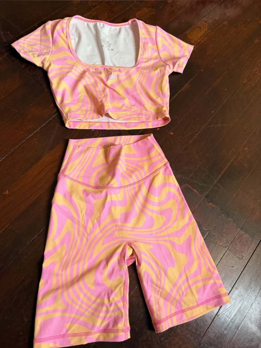 Pink & Yellow Swirl Workout Set Top & Matching Biker Shorts
